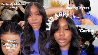 *START -TO-FINISH* LAYRED CURTAIN BANG BLOWOUT LOOK! 5X5 GLUE-LESS CLOSURE INSTALL! FT UNICE HAIR