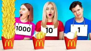 ¡DESAFÍO DE COMIDA DE 100 CAPAS PARA COMELONES! || 100 Deliciosas papas fritas por 123 GO! GOLD