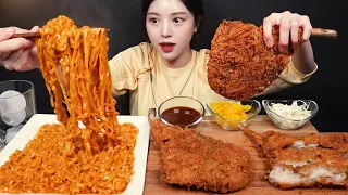 King Tomahawk Pork Cutlet with Carbo Buldak Ramen Mukbang Asmr