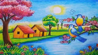 How to draw spring season scenery step by step/ Easy spring season scenery drawing