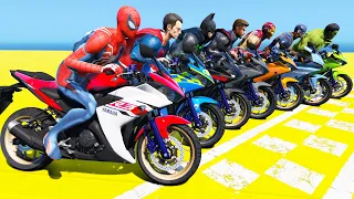 Spiderman Motorcycles with Superheroes - Double Spiral Ramp Challenge