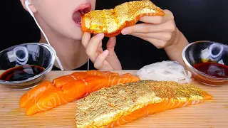 ASMR RAW SALMON SASHIMI (GOLD) + NUCLEAR FIRE SAUCE MUKBANG 통연어 + 핵불닭소스 먹방 NO TALKING EATING SOUNDS