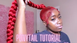 HOW TO DO PONYTAIL WITH BRAIDING HAIR | RED MID PONYTAIL ON NATURAL HAIR