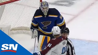 Jordan Binnington Loses Cool After Whistle, Swings Stick At Nazem Kadri's Head