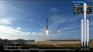 SpaceX Falcon Heavy Launch of Tesla with Starman, final countdown to boosters landing (2/6/2018)