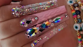Watch me work: Pink Sweater Nails | Snowflakes and BLING| Beginner Application