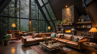 Tranquil Forest Haven - Relaxing Cabin Ambience on a Rainy Day with Crackling Fireplace Sounds 🌧️🏡🔥