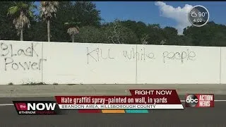 Hate graffiti spray-painted on wall and in yards