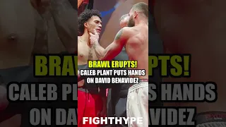 BRAWL ERUPTS AS CALEB PLANT PUTS HANDS ON DAVID BENAVIDEZ, WHO SHOVES HIM ACROSS STAGE