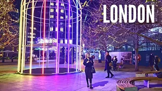 Central London Walking Tour 4K | Beautiful lights in Kings Cross Coal Drops Yards