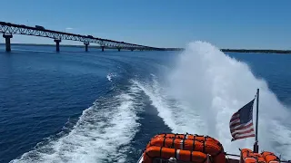 High-speed boat ride under the Mackinac Bridge, going from Mackinaw City to Mackinac Island.