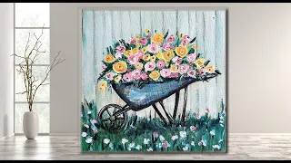 Easy Painting Flowers in a Cart in Acrylics for Beginners/ MariArtHome