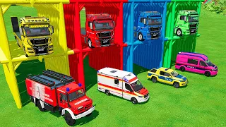 TRANSPORTING FIRE DEPARTMENT, AMBULANCE, POLICE VEHICLES & MINIBUS WITH MAN TRUCKS ! FS22