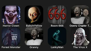 Horror Clown, Baby In Yellow, Room 666, Granny Chapter Two, Forest Monster, Granny....