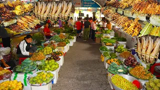 Massive street food supplies, vegetables, fruits, meat, massive supplies of evening street food