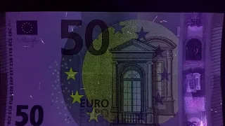 Cromóforos: Billete de 50 Euros (2017, Circulado) bajo luz ultravioleta