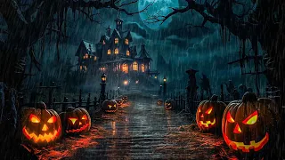 Dark Town In Rainy Halloween Night With Spooky Sounds, Rain & Thunder Sounds, Halloween Music 🎃