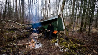 Tarp Camping In The Rain And Snow | No Sleeping Bag With All Night Long Log Fire