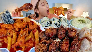 ASMR Tteokbokki, seasoned spicy chicken MUKBANG | Mala Tteokbokki, Yupdduk, Rice Balls, Steamed Egg