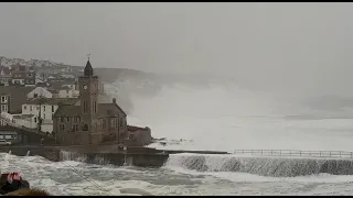 Huge Waves Smash Porthleven, Cornwall, UK