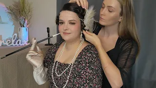 ASMR Perfectionist 1920's Gatsby Hairstyle Makeup and Accessories | Hair Curling, Pinning, Brushing