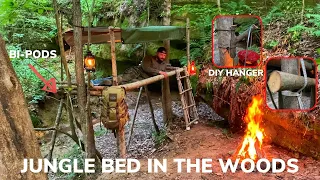 Solo Overnight Building an Elevated Jungle Shelter In The Woods and a Bacon Egg and Ham Platter