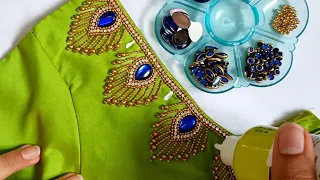 Grand Parrot Green Blouse With Peacock Feather design #aariwork #blouse #latest #maggamwork #trend