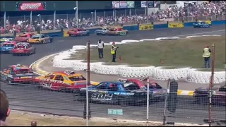 Saloon Stockcars UK Open Rollover 120 Luke Dorling #WallopStraightIn on a post - Skegness Raceway