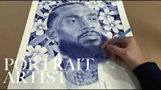 Realistic Portrait Drawing of Nipsey Hussle - ballpoint pen artist and drawing process