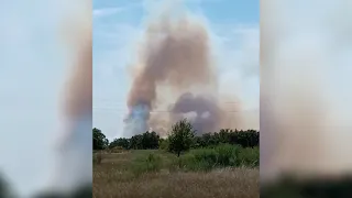 Черный дым заволок небо в поле в Волгоградской области