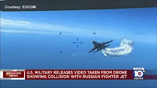 Video released of drone colliding with Russian fighter jet