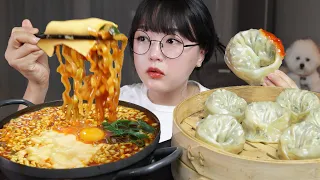 Cheesy Fire Chicken Noodle Soup & Steamed Dumplings🍜🥟Mukbang ASMR