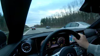 Mercedes-Benz E 200 Coupé anfangs flotte Autobahnfahrt, kein Gerede, interessante Perspektive [4K]