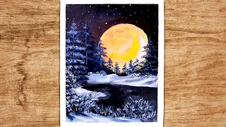Moonlight Night Painting for Beginners | Simple Acrylic Painting (Full Moon)