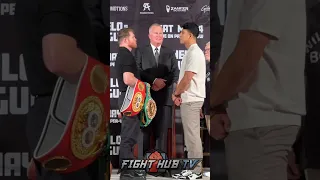 Canelo SIZES UP Jaime Munguia in face off & FLEXES undisputed belts!