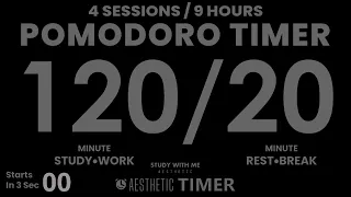 DARK Mode, Pomodoro 120/20 Study Timer, No Music, 4 Sets, 120 Minute Study Timer, Gentle Alarm