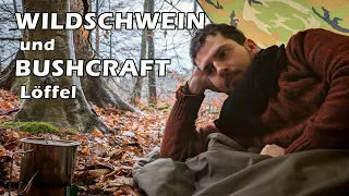 24H Biwak am Fluss mit Wildschwein Begegnung, Bushcraft Löffel, Winter Regen Übernachtung, Tarp Camp