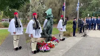 Greek Evzones begin their tour in Melbourne at Lemnos Square in Albert Park