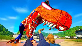 (Jurassic World Evolution🌍) New Super Hero! T-Rex Spiderman,Ironman,Godzilla,Green Alien Fight !!