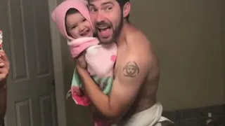 Father and son singing song together make you to see cute