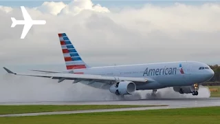 WET RUNWAY!! American a330 Heavy Spray Landing at Manchester Airport