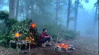 Caught in a Storm - Building Bushcraft Survival Shelter - Fog, Strong wind and rain