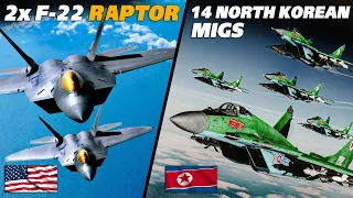 2x F-22 Raptor Vs 14x North Korean Mig-29 Fulcrum Mig-21 Dogfight | Digital Combat Simulator | DCS |