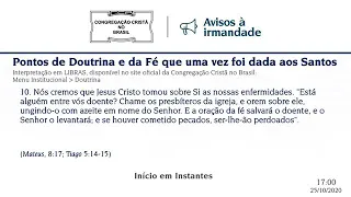 CCB Culto online 25/10/2020 às 18:00 horas