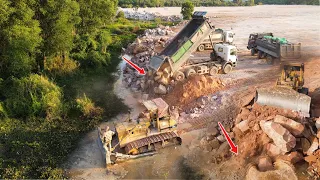 Incredible Team Komatsu Dozers D61p Pushing Stone To Clear Forest and Water Area