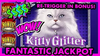 MASSIVE JACKPOT ON KITTY GLITTER!!! SUPER RARE- BONUS RE-TRIGGER!