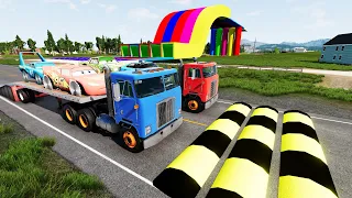 Epic Battle: Double Flatbed Trailer Truck vs speed bumps! | Train vs Cars | Beamng Drive