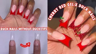 Making Full Cover Duck Nails With Regular Tips | Gel-X Duck Nails Red French Tip Blingy Cherry Nails