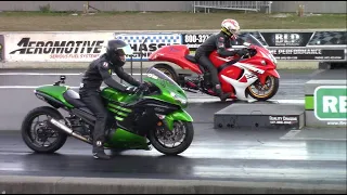 Kawasaki Ninja ZX-14R vs Suzuki Hayabusas - 1/4 Mile Drag Races