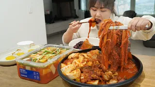 Aged Kimchi braised with a lump of pork topped with soft tofu! Water type Kimchi Mukbang🥩